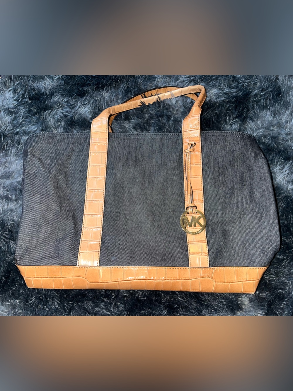 Michael Kors Black Canvas Tote with Tan Croc-Embossed Trim and MK Charm